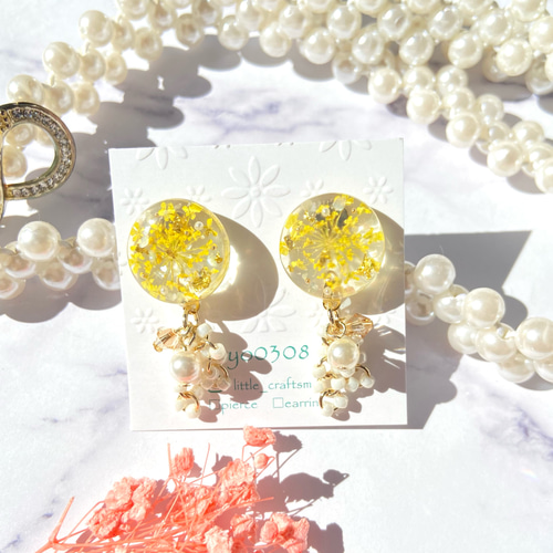 黄緑系 フラワー レジン ピアス ハンドメイド イヤリング変更可 黄緑系
