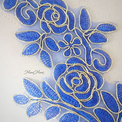 ブルー×ゴールド コード刺繍お花モチーフレース ペア ワッペン