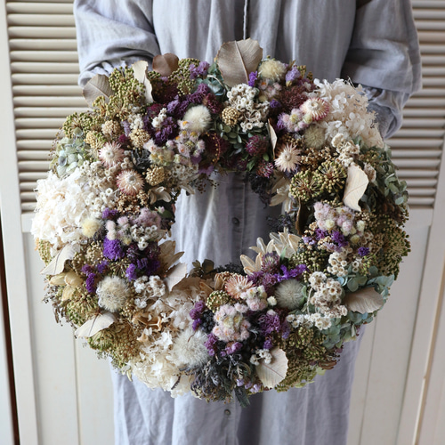 40cm) タンポポの綿毛とアジサイのふわふわアンティークリース/ドライ  