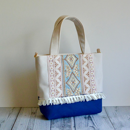 淡いカラーの美しいインド刺繍リボントートバッグ トートバッグ