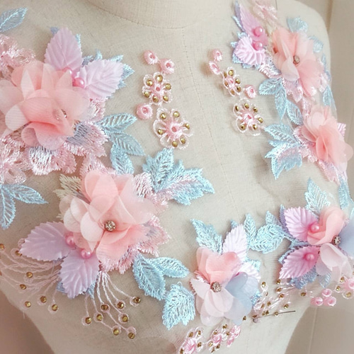 オーガンジー 立体お花モチーフレース 新体操 ピンク×スカイブルー