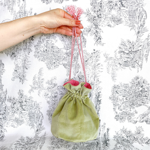 癒しの優しい肌触り♡日本製別珍のコロンとした巾着バッグ 《セージ