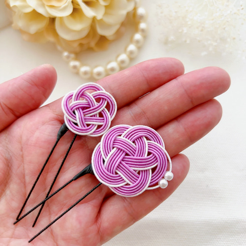 梅結び2本セット｜藤色｜パールで可憐に ヘアピン 水引〜クラフト