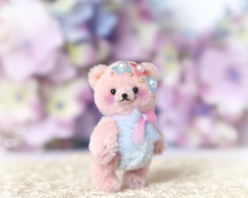 紫陽花クマさん ピンク×水色 ミニチュア テディベア ドール