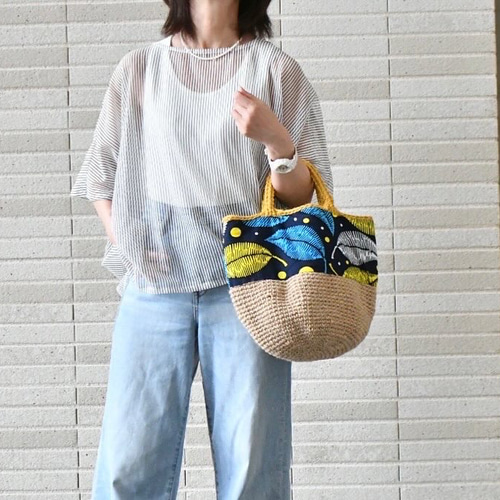 アフリカンプリントでカゴバック⭐︎白:シフォンイエロー 2024新作