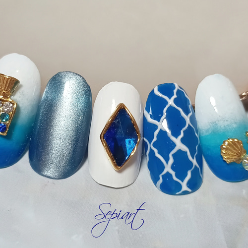 ジェルネイルチップ☆付け爪〜ブルー 夏ネイル☆香水瓶×モロッコタイル