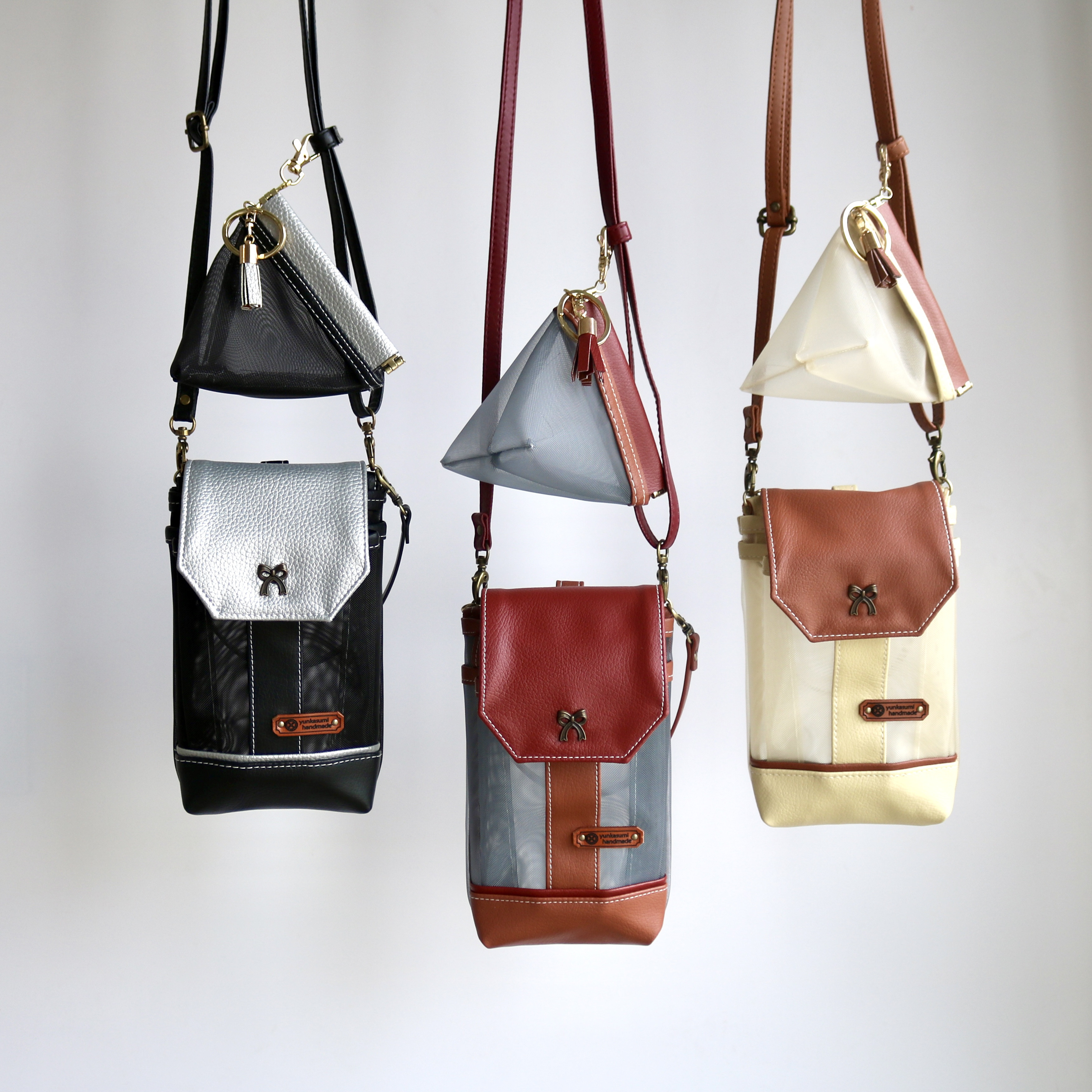 夏新作2024 軽くて丈夫なハードメッシュ　スマホポシェットセット　バイカラー3種類展開