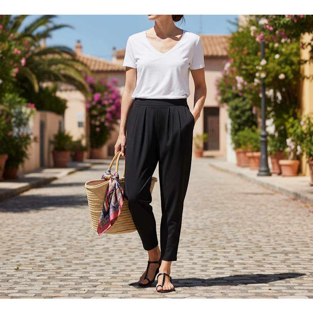 ❤ひんやりさらっと心地で気持ち良い接触冷感❤穿き心地抜群⤴美脚快適テーパードパンツ:7～13号対応！黒ピュアブラック