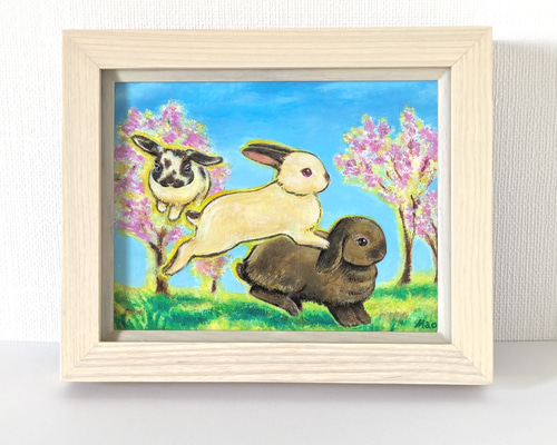15万円です。ウサギちゃん(絵画) 原画【春風とうさぎ達 a】F0サイズ 自然 動物アートイラスト 兎