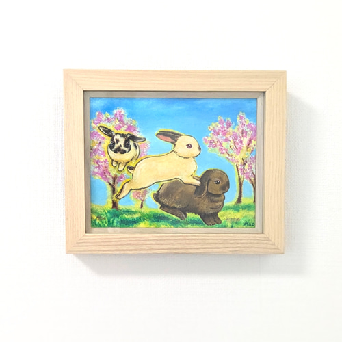 絵画。原画【手の中の紫色のアサガオ、かわいい黒猫とウサギ】 原画 星と月とうさぎ2 /お正月 絵画 インテリア アート 動物