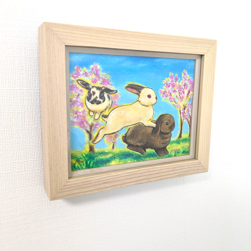 絵画。原画【手の中の紫色のアサガオ、かわいい黒猫とウサギ】 49cc1d6f5ed6b9fa69d61b2f734861