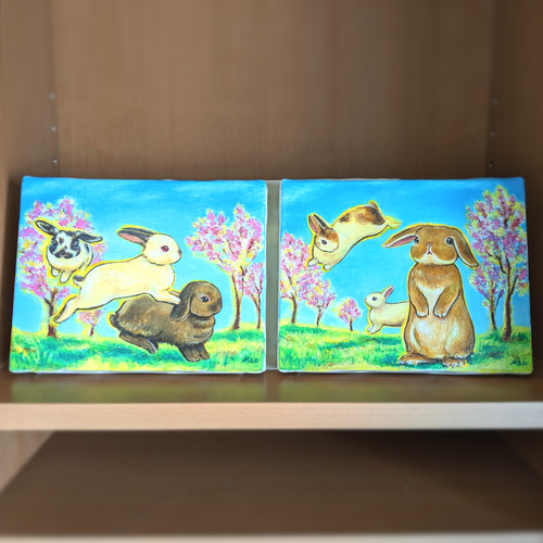 原画【春風とうさぎ達 a】F0サイズ 自然 動物アートイラスト 兎