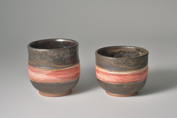 ブロンズ釉窯変釉紅帯焼酎グラス【２個セット】 1枚目の画像