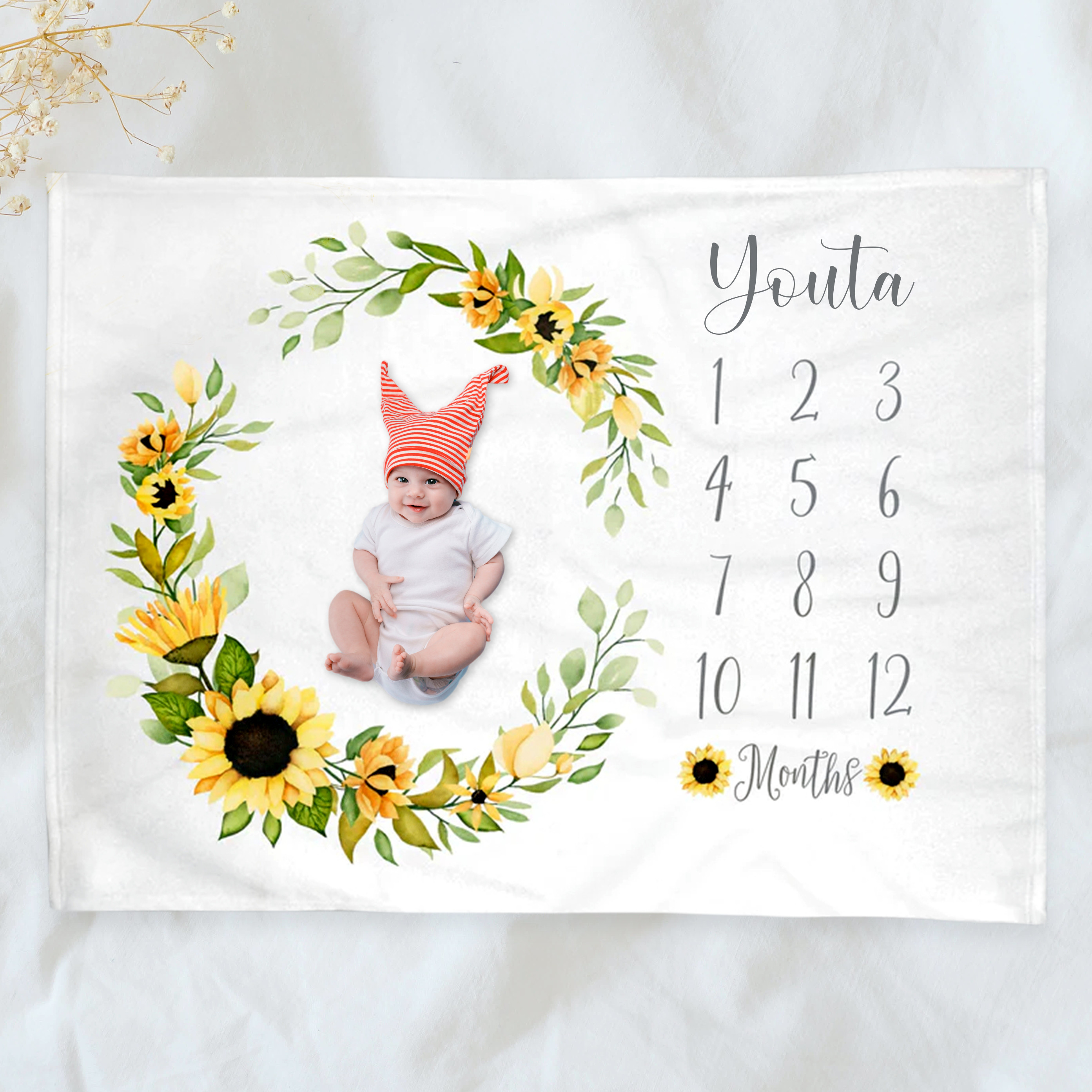 寝相アートマット　赤ちゃん名入れ　月齢フォトブランケット　ひまわり