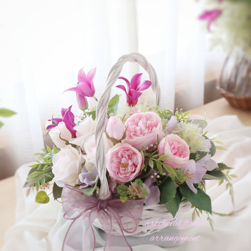 薔薇とクレマチス バスケットアレンジ ❀ パープルピンク誕生日