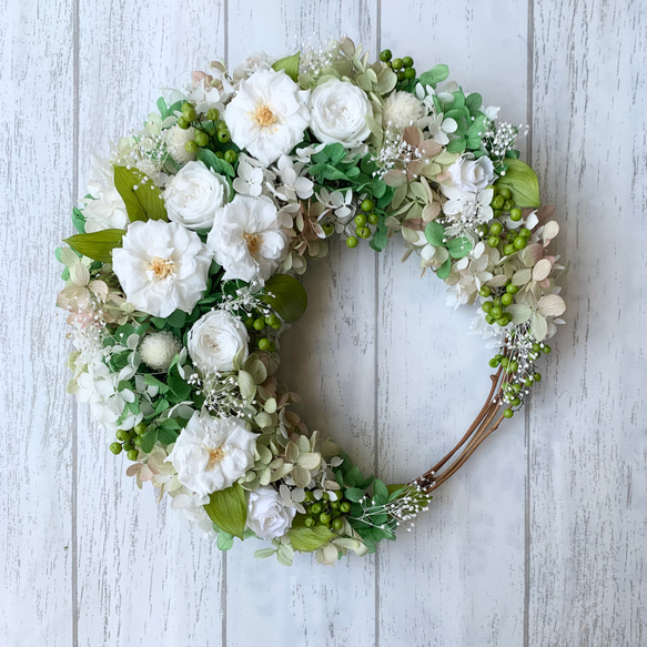 Natural＊ミニバラと千日紅のホワイトリース☆ドライフラワーリース