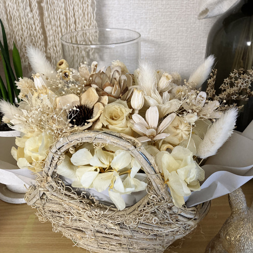 ホワイトバスケット かご アレンジ ドライフラワー プリザーブド