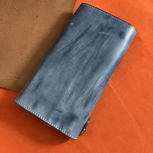【ハンドメイド】ヌメ革　ロングウォレット　blue 藍 Leather Wallet 藍染 ヌメ革 長財布 ロングウォレット