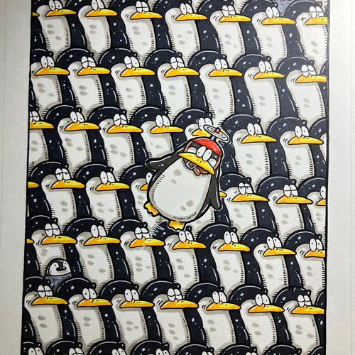 空飛ぶペンギンコプター】動物 絵 原画 アート マーカー