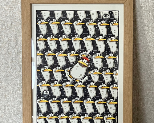 空飛ぶペンギンコプター】動物 絵 原画 アート マーカー