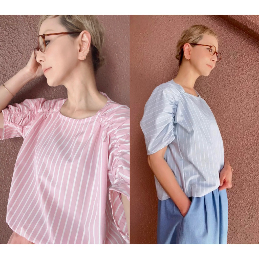 RATA❤️長さ選べる❤️くしゅくしゅ袖の絶妙感動シルエット❤️ギャザートップス❤️くすみピンク＆くすみブルーストライプ