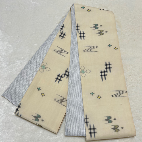 214号 半幅帯 夏物 本場琉球絣 壁上布×しじら織 アイボリー