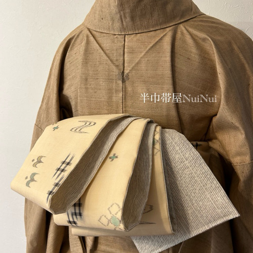 214号 半幅帯 夏物 本場琉球絣 壁上布×しじら織 アイボリー