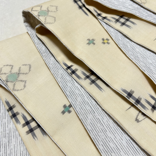 214号 半幅帯 夏物 本場琉球絣 壁上布×しじら織 アイボリー