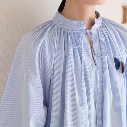 ストライプチャーチワンピース サッカー生地 七分袖 ワンピース