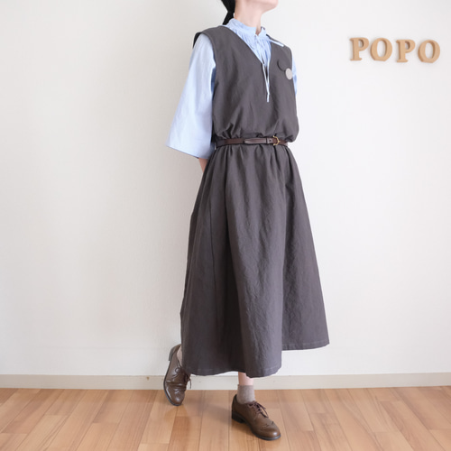 ノースリーブVネックワンピース 墨黒 しわ加工 ワンピース POPO 通販