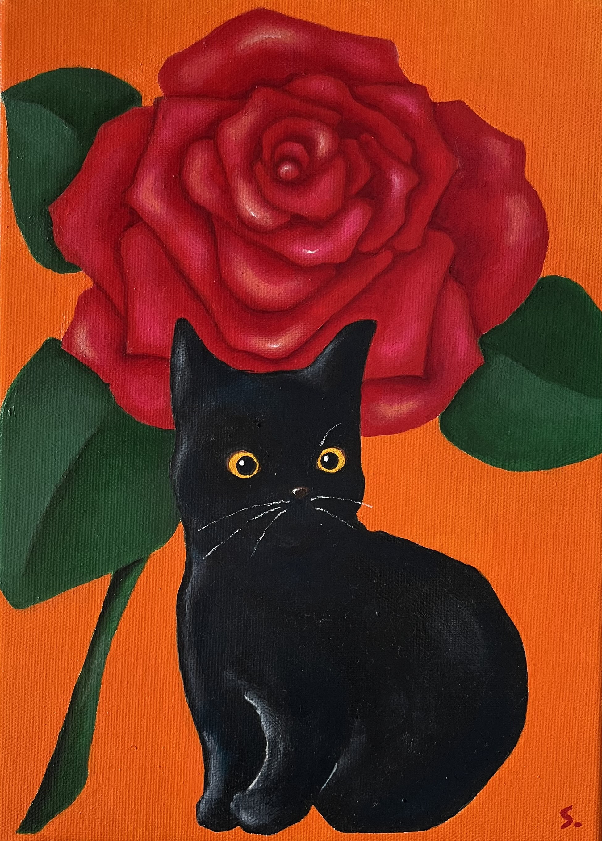 絵画。原画手描【ふわふわしたマットの上にいるかわいい黒猫が好き】