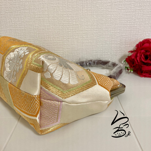 帯リメイク 亀甲に桐菊橘 持ち手付きがま口バッグ 【公式通販】