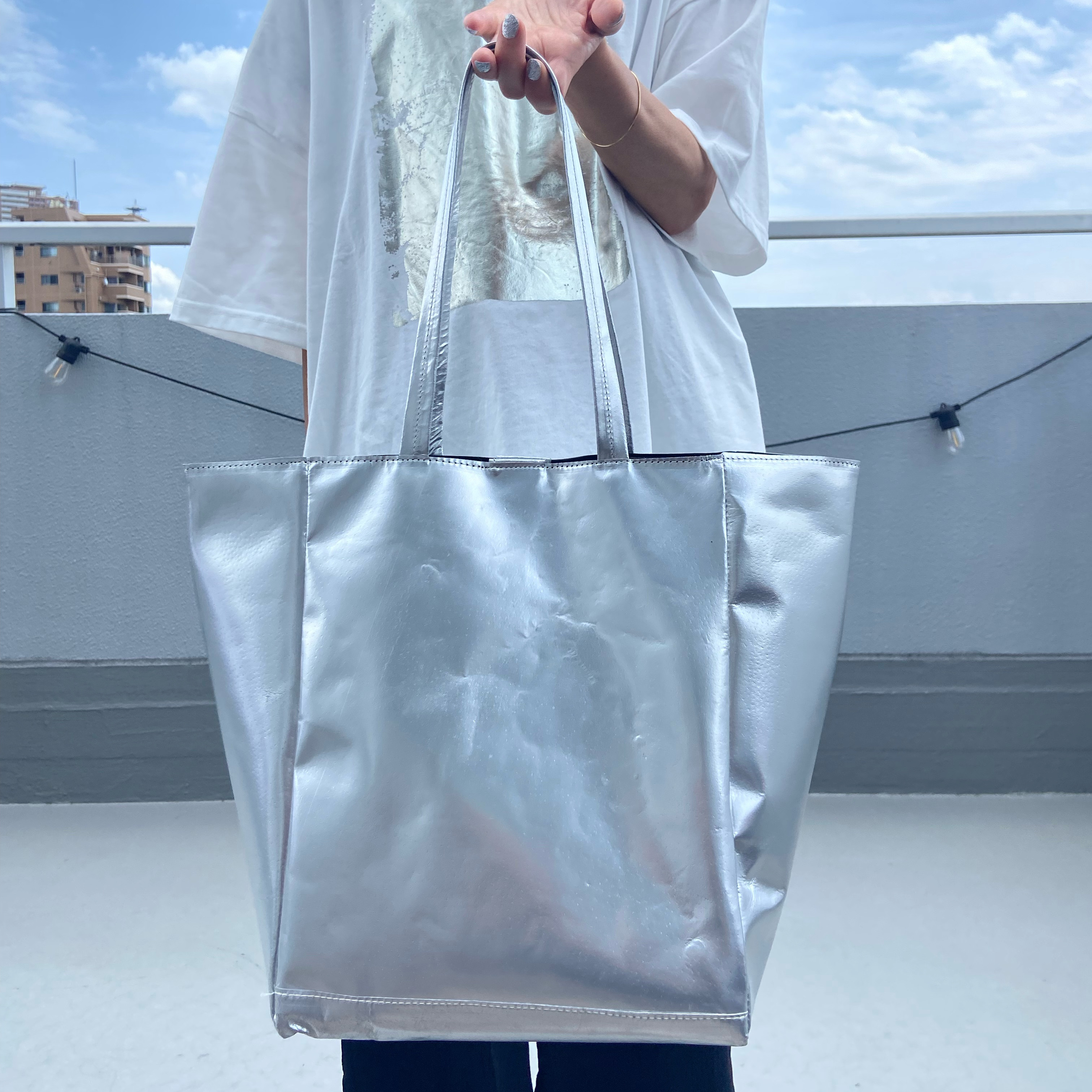 ピッグ箔加工革＊シンプルトートL＊シルバー＊A4収納可＊軽量