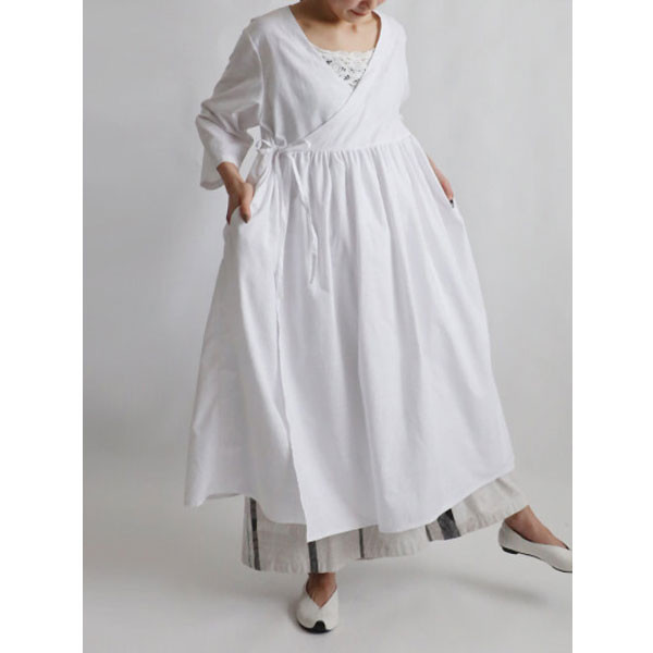 ⁂ラスト１　再入荷　最終ＳＡＬＥ　１１８ｃｍ　ギマ擬麻コットン　カシュクール　ワンピース　羽織りカーディガン　白Y98G