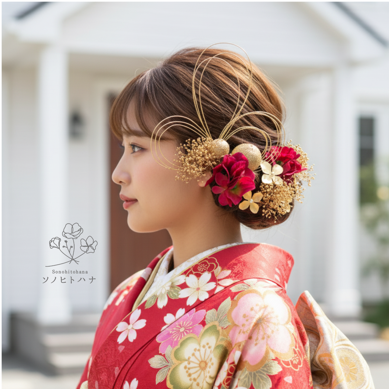 【成人式・卒業式・結婚式】金×赤 水引×メタルフラワーの髪飾り｜振袖・色打掛・和装に　KA-2401R