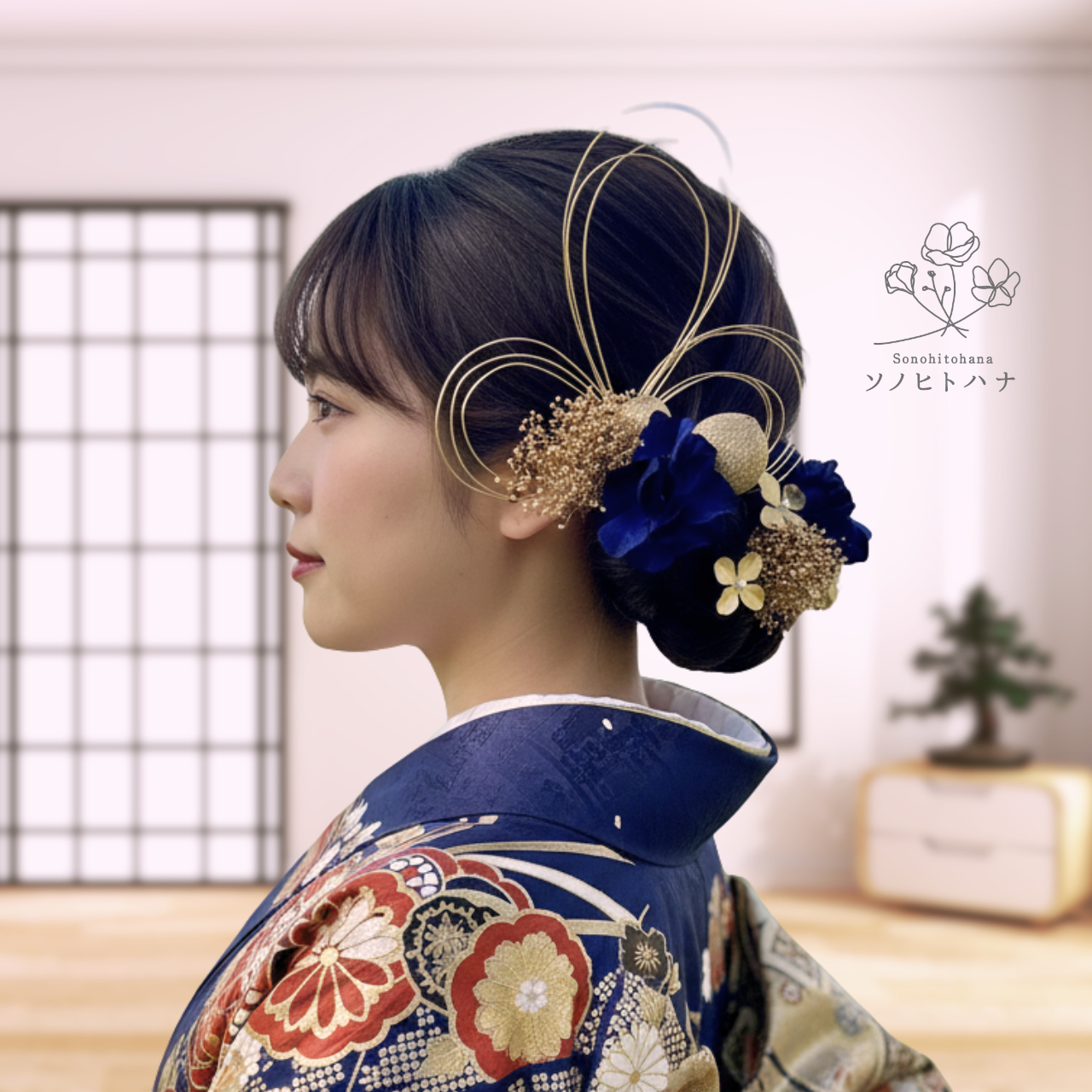 【成人式・卒業式・結婚式】金×青 水引×メタルフラワーの髪飾り｜振袖・色打掛・和装に　KA-2401B