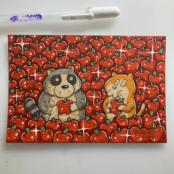 りんごとアライグマと猫】アート 原画 動物 ポップ イラスト yoc 通販 