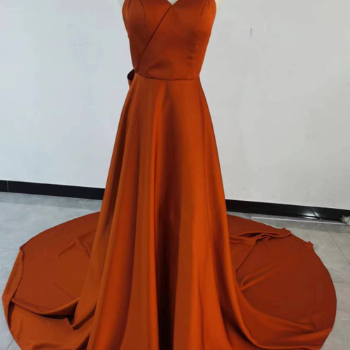 高品質！高級イタリアサテン パーティードレス テラコッタ色 リボン  