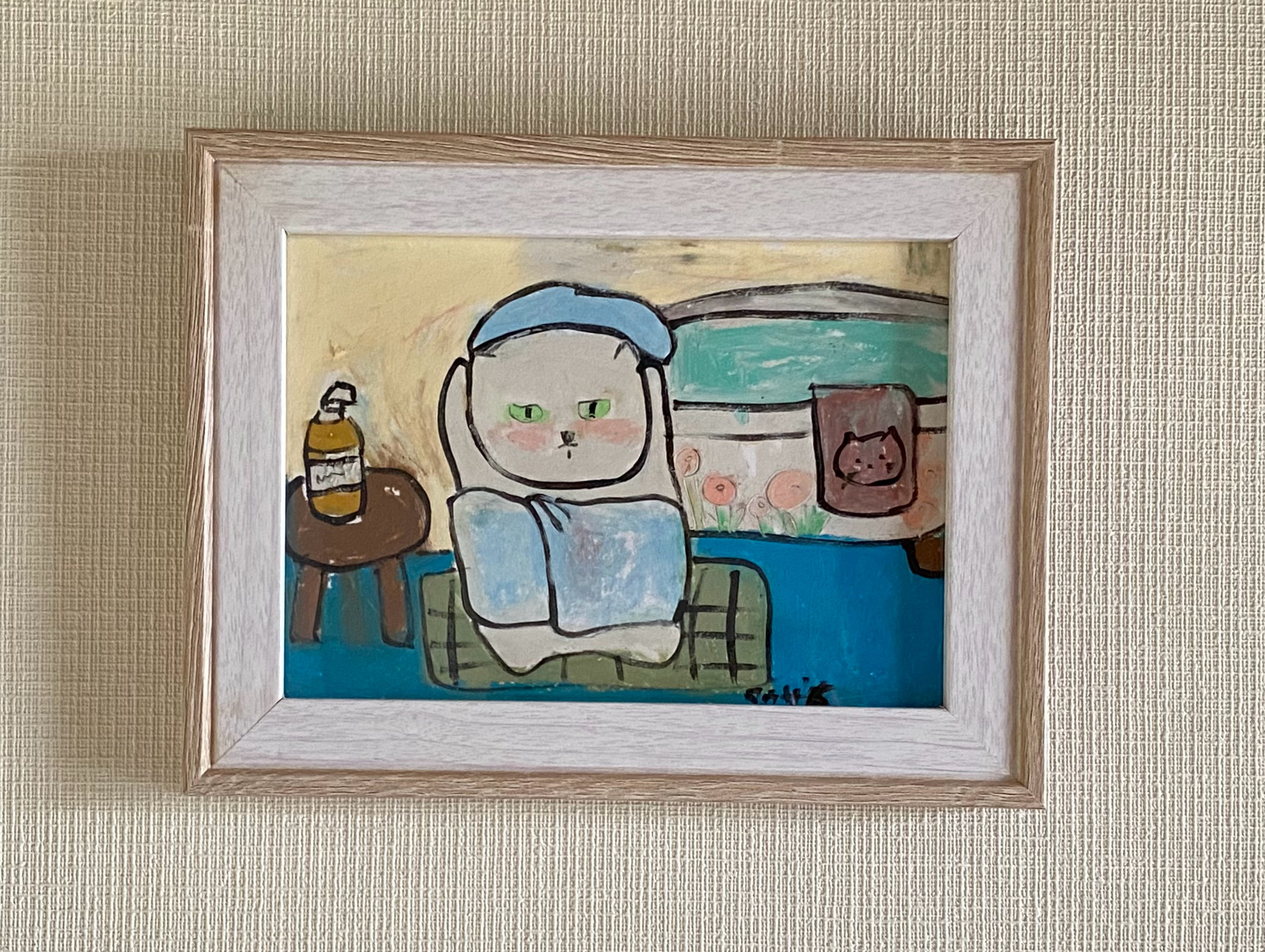 絵画。原画手描【かわいい猫ちゃんたちは美しい青い花の鉢植えをもらって嬉しかった】 絵画。原画手描【かわいい猫ちゃんたちは美しい青い花の鉢植えを