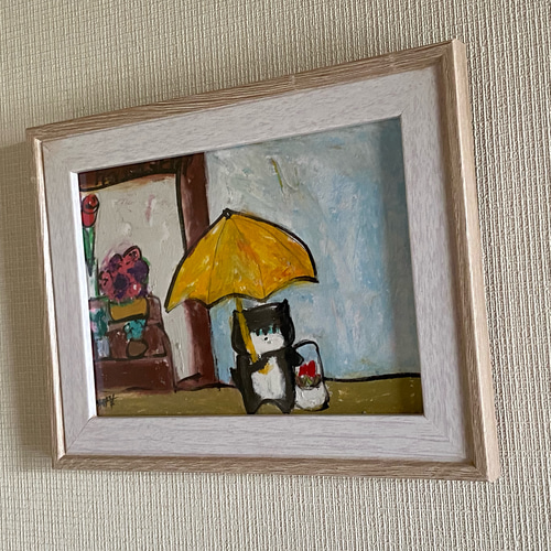 絵画。原画手描【雨の日、黒猫はきれいな花を買って散歩して家に帰り  