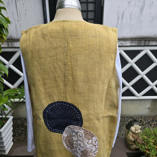 着物リメイク 手作り やや地厚の麻 パッチ ジャンパースカート  