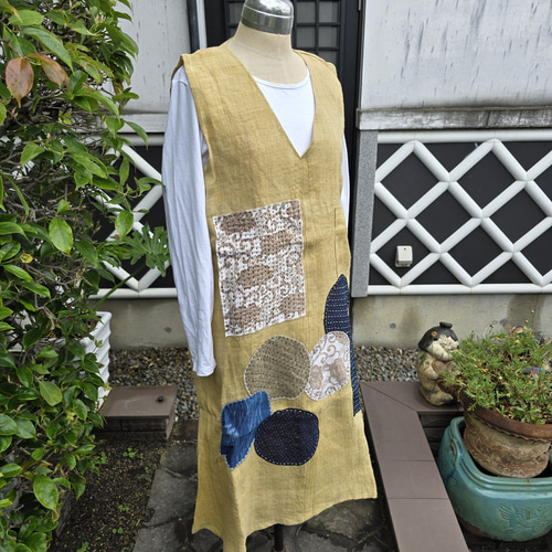 着物リメイク 手作り やや地厚の麻 パッチ ジャンパースカート  