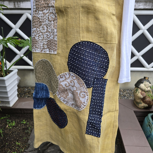 着物リメイク 手作り やや地厚の麻 パッチ ジャンパースカート  