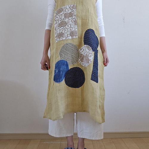 着物リメイク 手作り やや地厚の麻 パッチ ジャンパースカート  