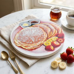 至福のひととき。甘い香りに包まれるパンケーキの油絵 カフェ風