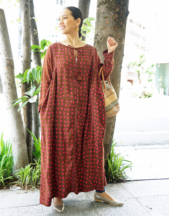 値下美品 injiri cotton×silk 絞り染めワンピースネイビーL