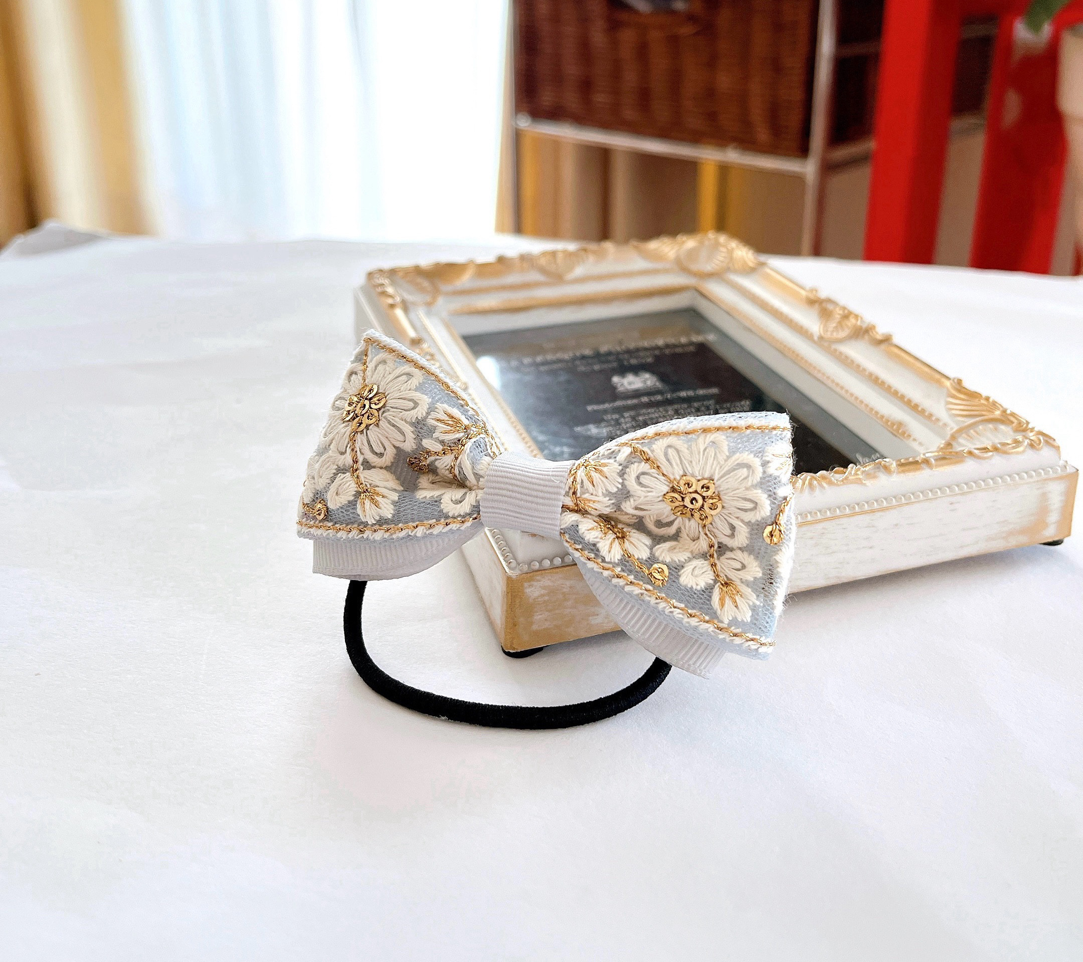 大人可愛いリボンヘアゴム☆インド刺繍リボン×ペタシャム×レースA198