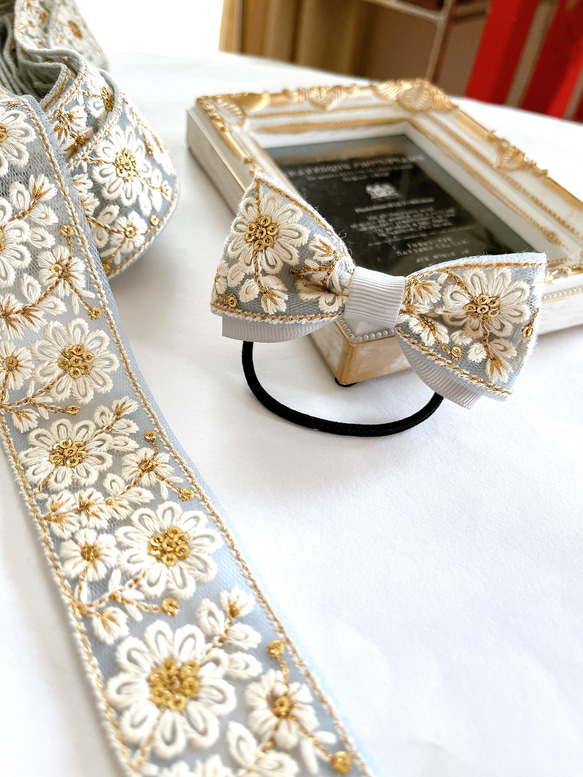 【再販】キラキラ　インド刺繍リボン＆グレーグログランリボン ヘアアクセサリー　ヘアゴム  こども〜大人まで　グレー 5枚目の画像