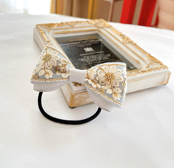 【再販】キラキラ　インド刺繍リボン＆グレーグログランリボン ヘアアクセサリー　ヘアゴム  こども〜大人まで　グレー 3枚目の画像