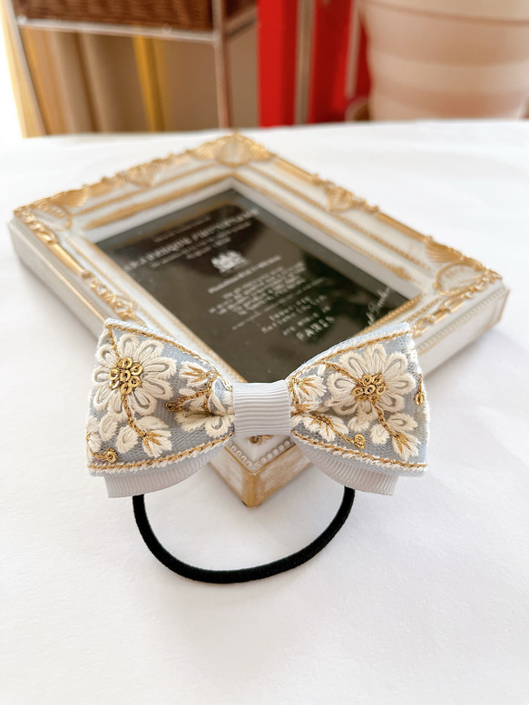 【再販】キラキラ　インド刺繍リボン＆グレーグログランリボン ヘアアクセサリー　ヘアゴム  こども〜大人まで　グレー 2枚目の画像